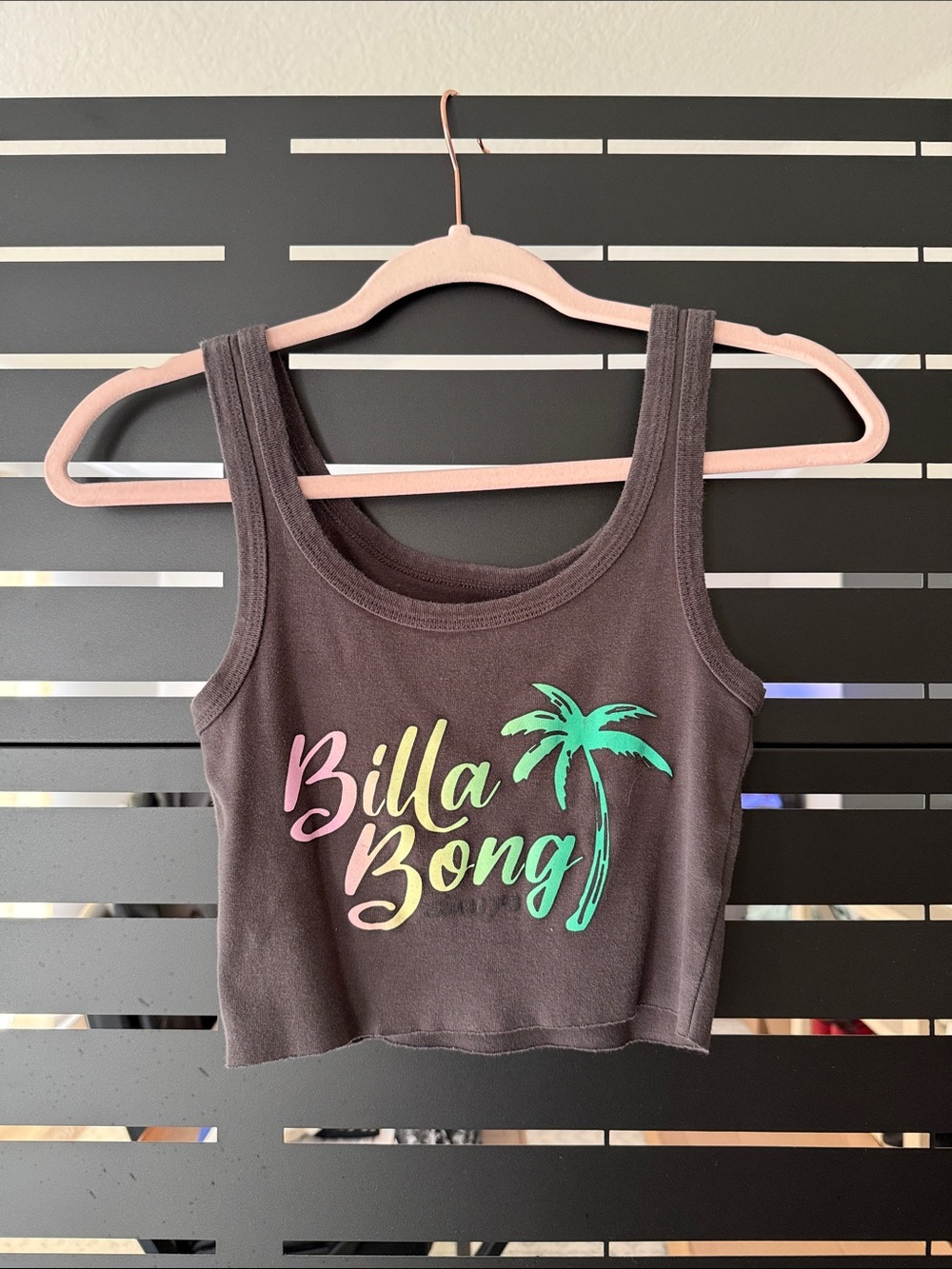 Billabong Black Cropped Tank with Pastel Script and Teal Palm